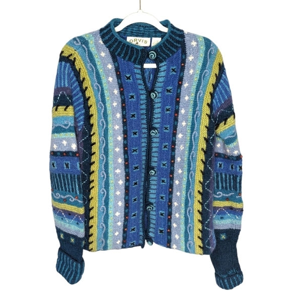 Vintage Orvis Wool Nepal Nordic Fair Isle Cardigan Sweater Women's S/M - Picture 1 of 6